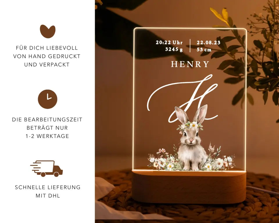 Nachtlicht personalisiertes Geburtsgeschenk Aquarell Tier Blumen