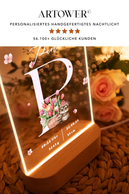 Nachtlicht personalisiert Geburtsgeschenk Aquarell Tiere rosafarbene Blumen