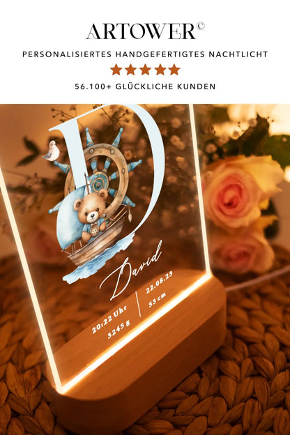 Nachtlicht personalisiert Geburtsgeschenk Aquarell  Seemann Teddybär