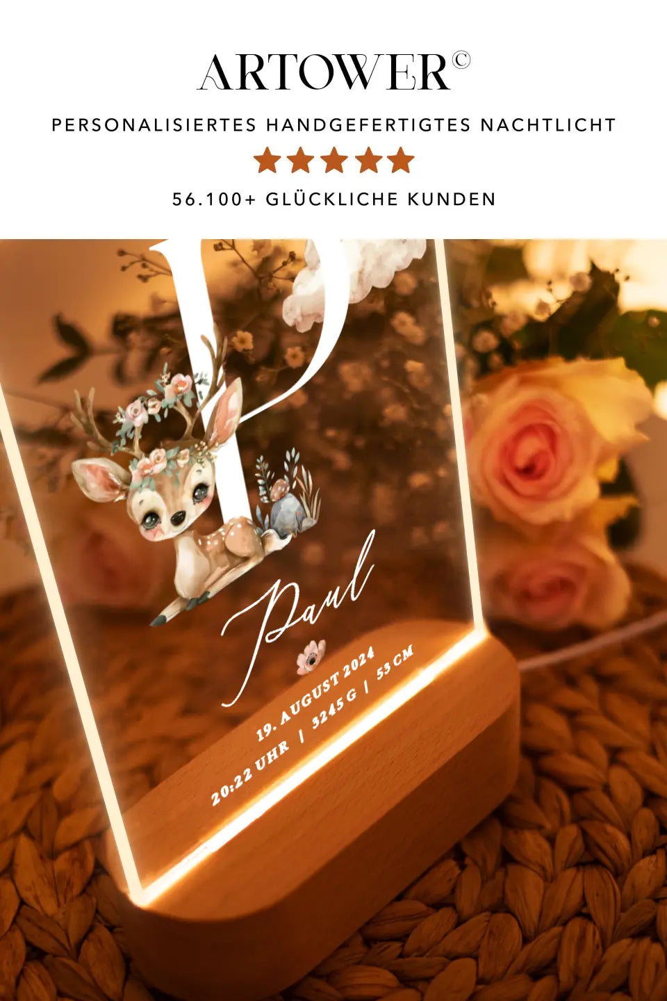 Nachtlicht personalisiert Geburtsgeschenk Baby Aquarell Waldtiere