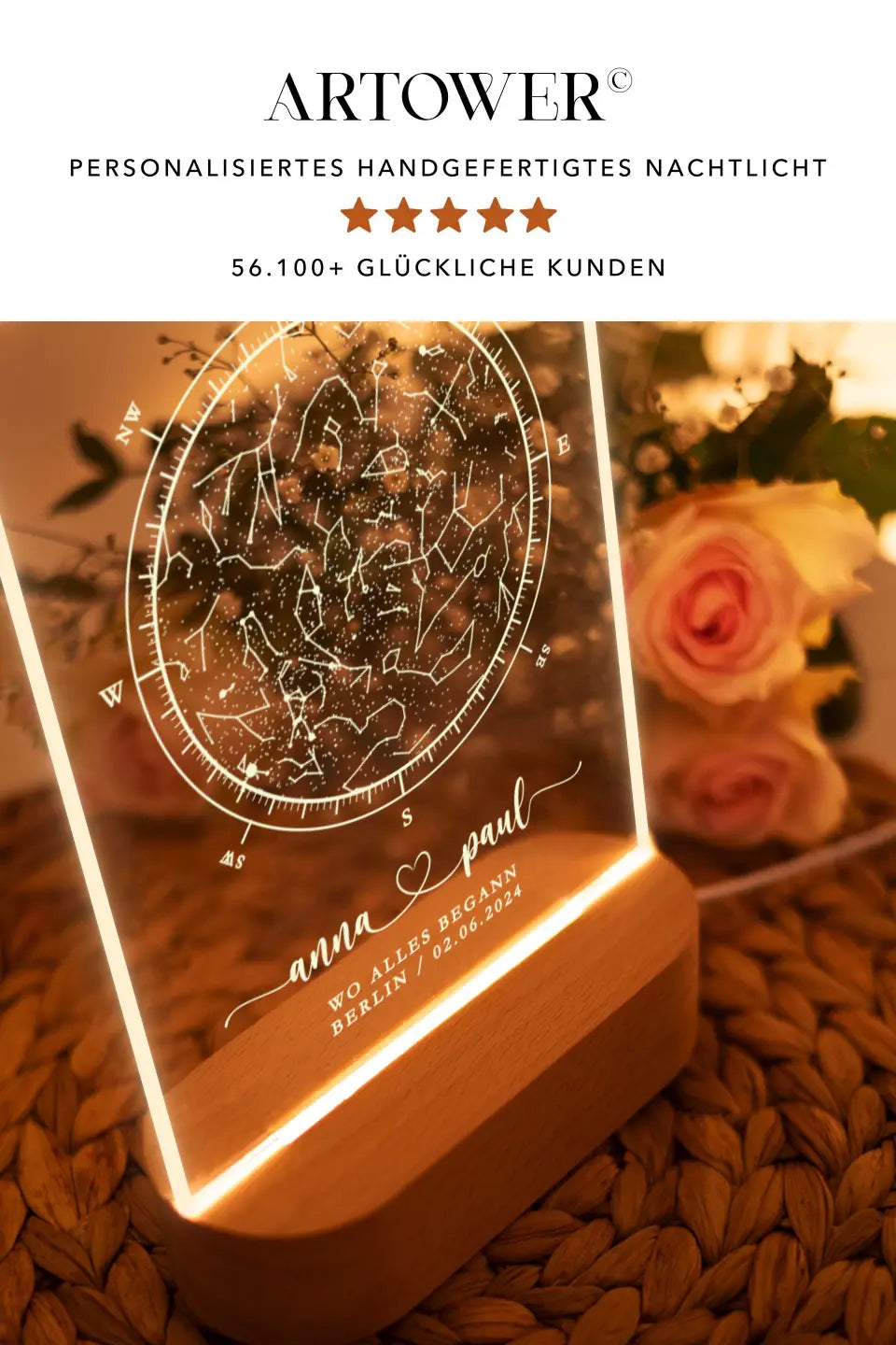 Personalisiertes Hochzeitsgeschenk Lampe Sternenkarte mit Namen