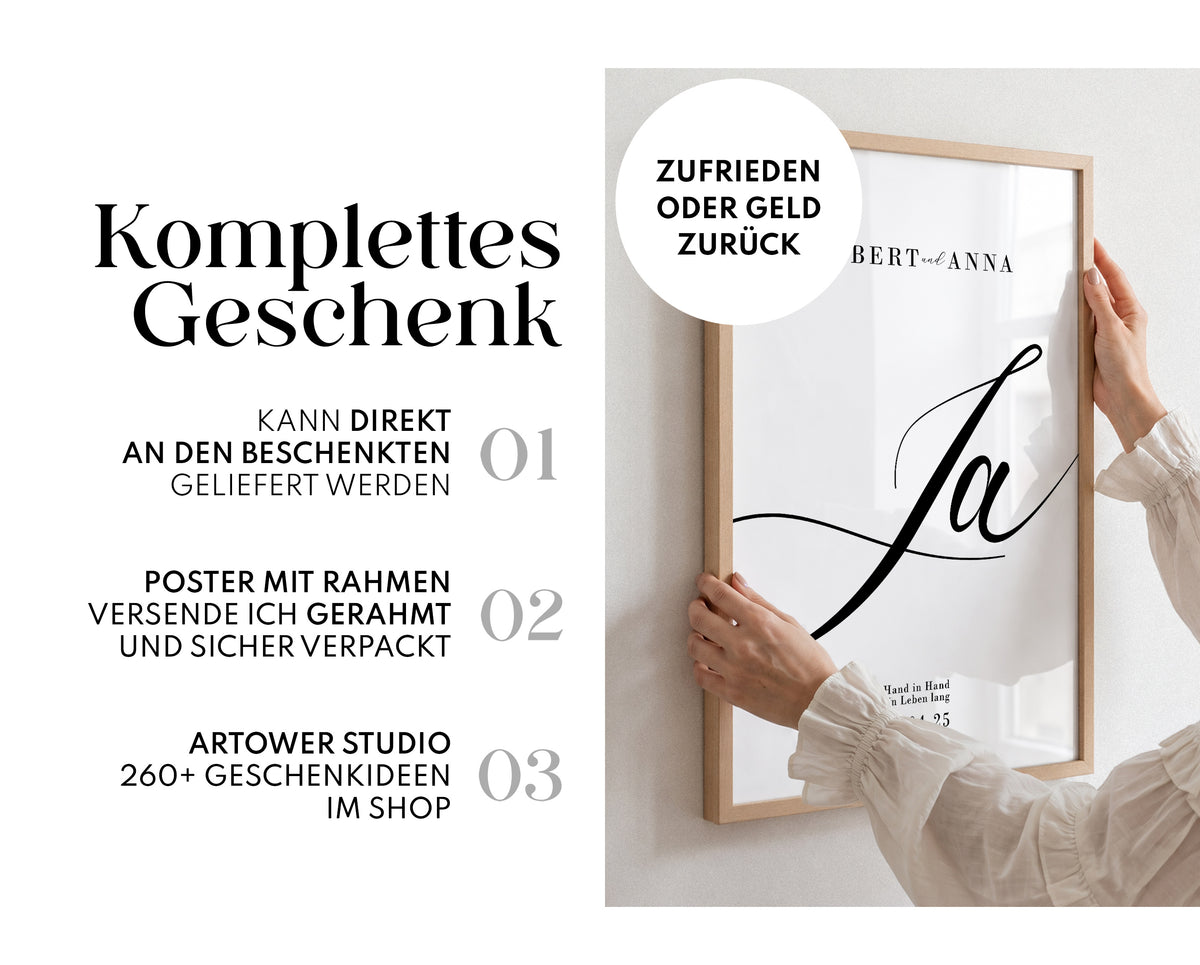 Personalisiertes Hochzeitsposter mit Namen & Datum – „Ja“ Poster als Hochzeitsgeschenk für das Brautpaar