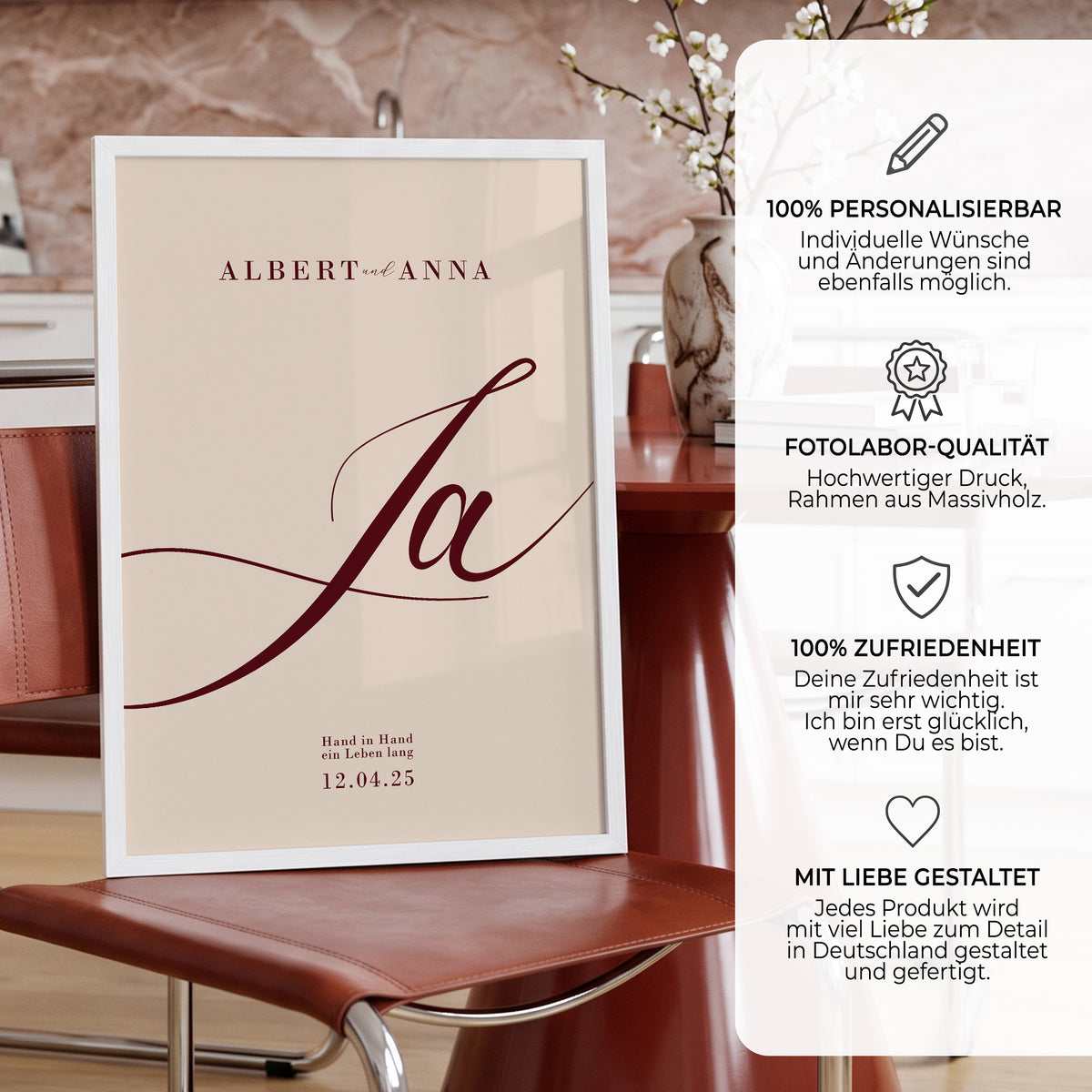 Personalisiertes Hochzeitsposter mit Namen & Datum – „Ja“ Poster als Hochzeitsgeschenk für das Brautpaar