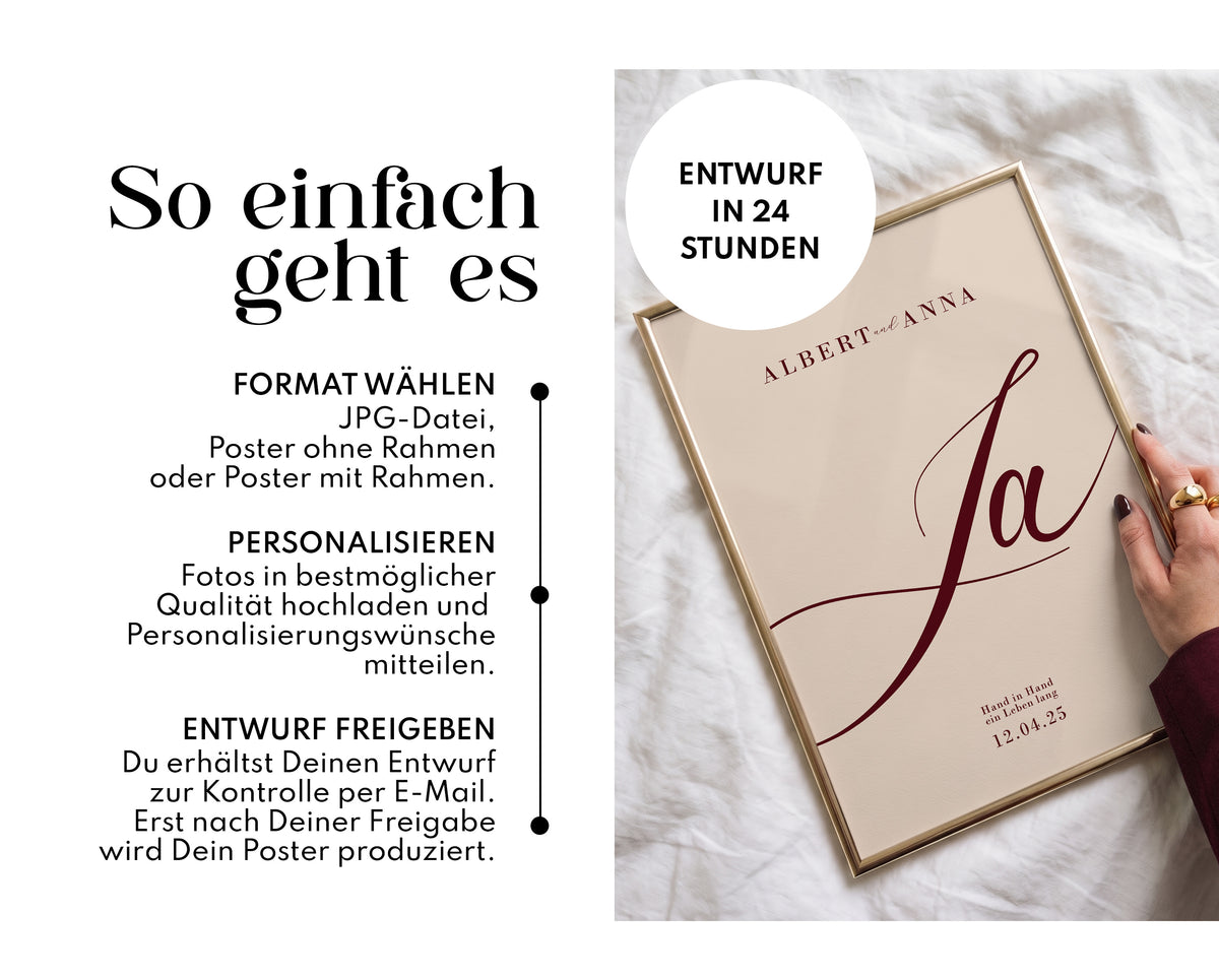 Personalisiertes Hochzeitsposter mit Namen & Datum – „Ja“ Poster als Hochzeitsgeschenk für das Brautpaar
