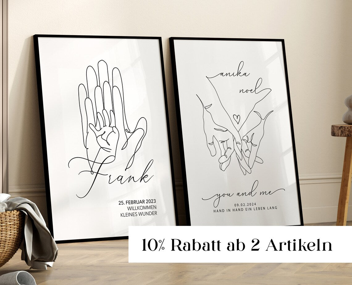 Lineart Hochzeitsgeschenk – Hand in Hand Bild für Brautpaar