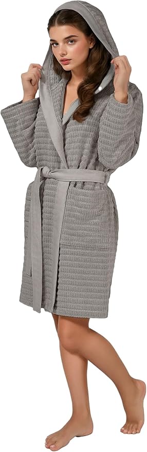 Artower® Boho Bademantel - Damen Bademantel, 100% Baumwolle, mit Kapuze, Frotte, leicht, knielang