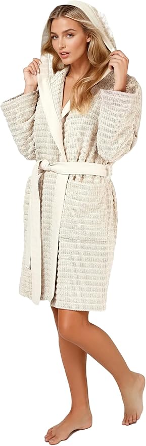 Artower® Boho Bademantel - Damen Bademantel, 100% Baumwolle, mit Kapuze, Frotte, leicht, knielang