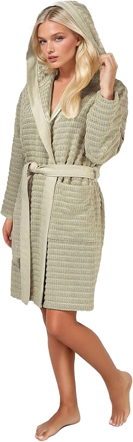 Artower® Boho Bademantel - Damen Bademantel, 100% Baumwolle, mit Kapuze, Frotte, leicht, knielang