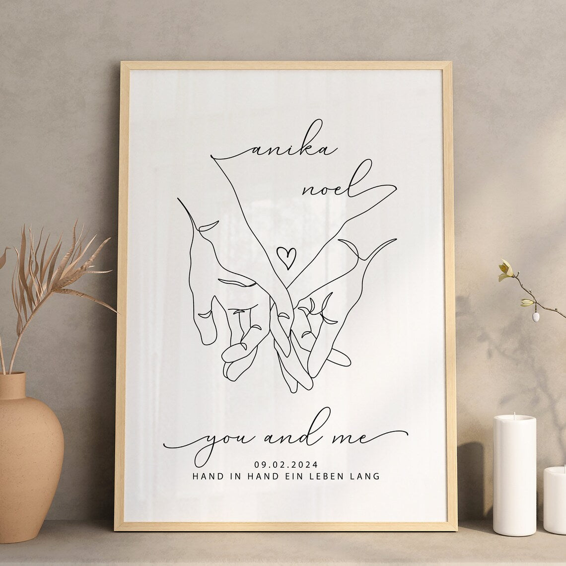 Lineart Hochzeitsgeschenk – Hand in Hand Bild für Brautpaar
