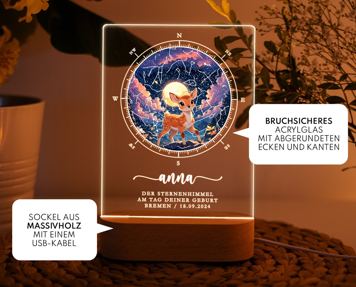 LED Nachtlicht – Personalisierte Rehkitz Sternenkarte für Kinder