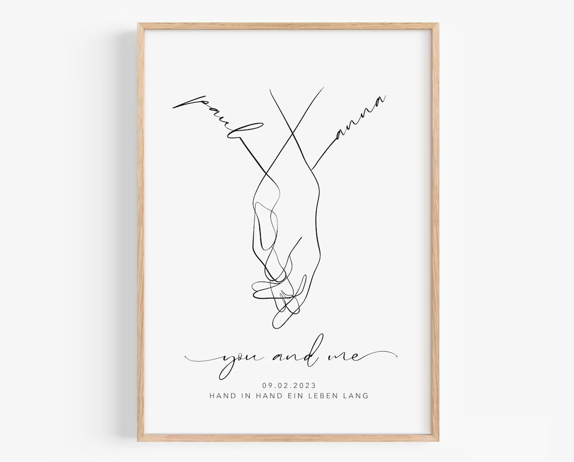 Hochzeitsgeschenk personalisiert mit Namen & Datum - Bild Brautpaar Hand in Hand