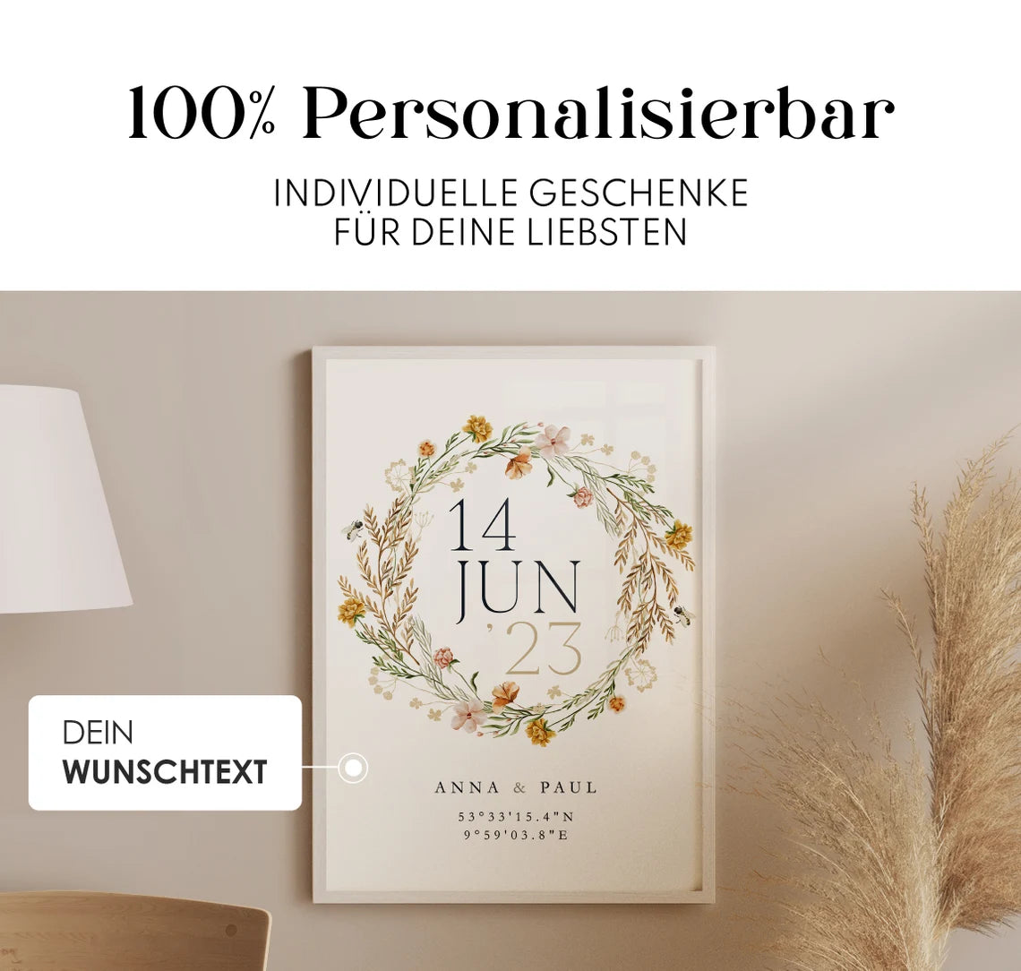Personalisiertes Hochzeitsbild mit Datum und Koordinaten