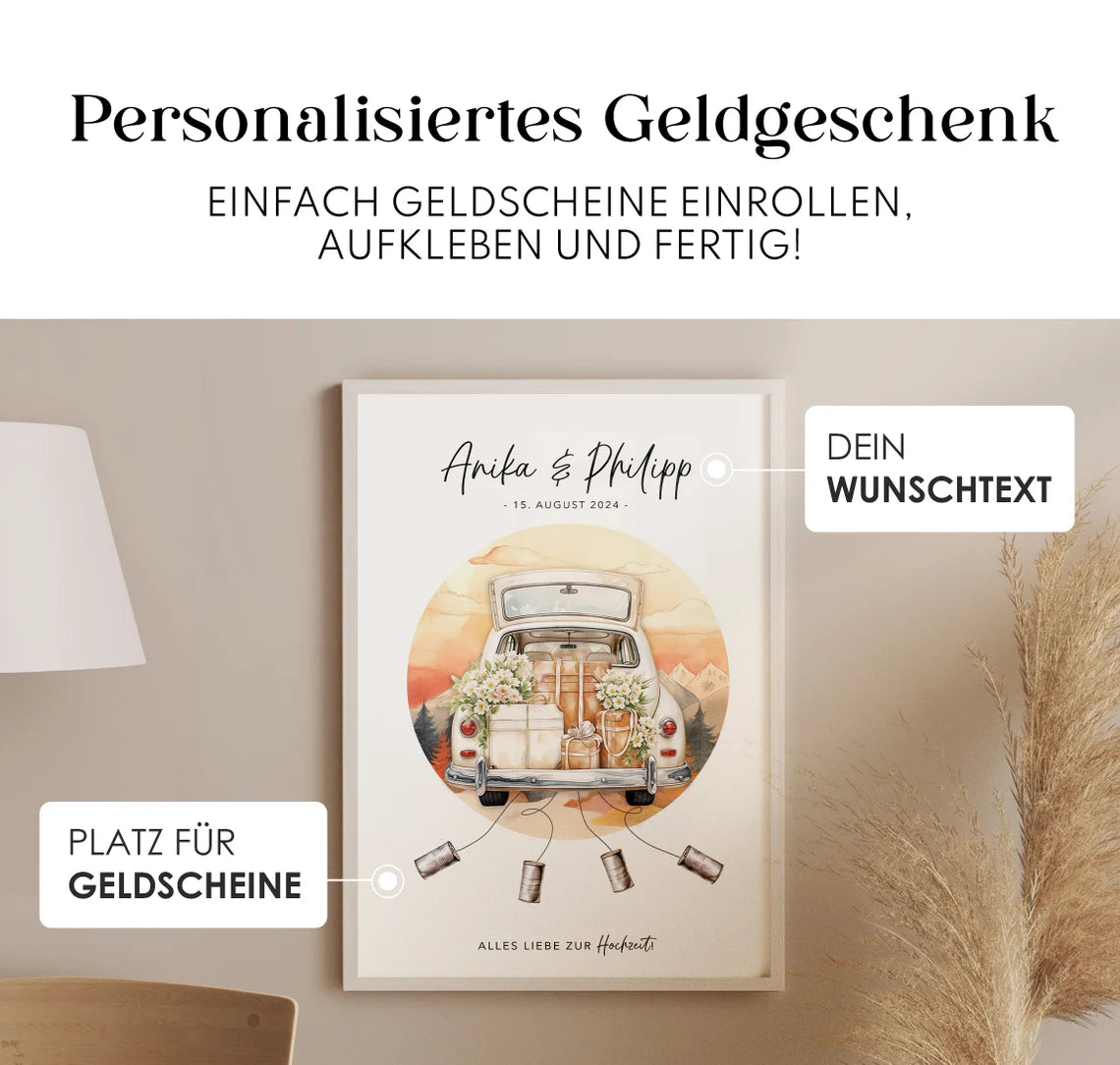 Hochzeitsgeschenk Geld – Bild mit Auto für Brautpaar