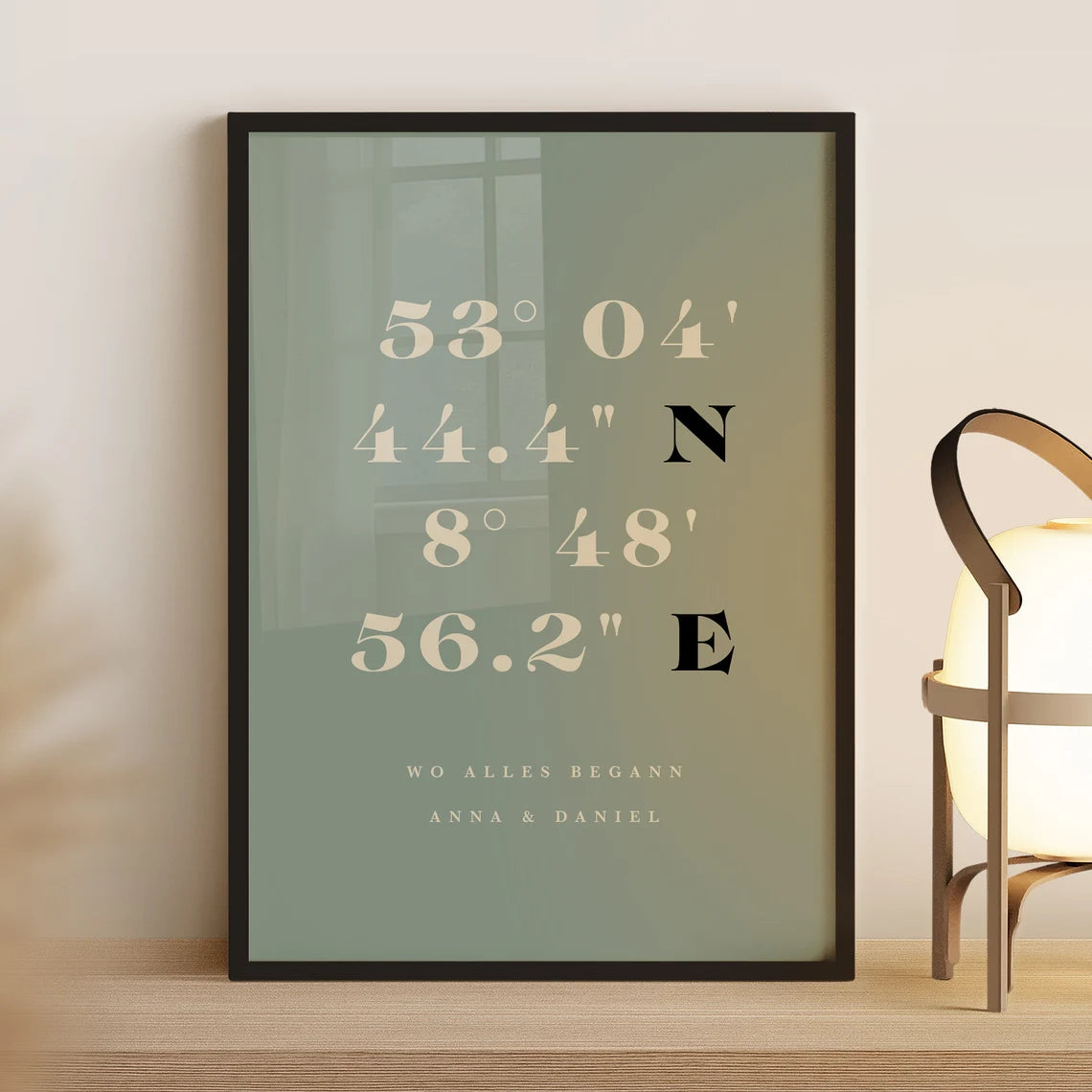 Wo alles begann Poster – Personalisiertes Koordinaten Bild in Grün & Beige