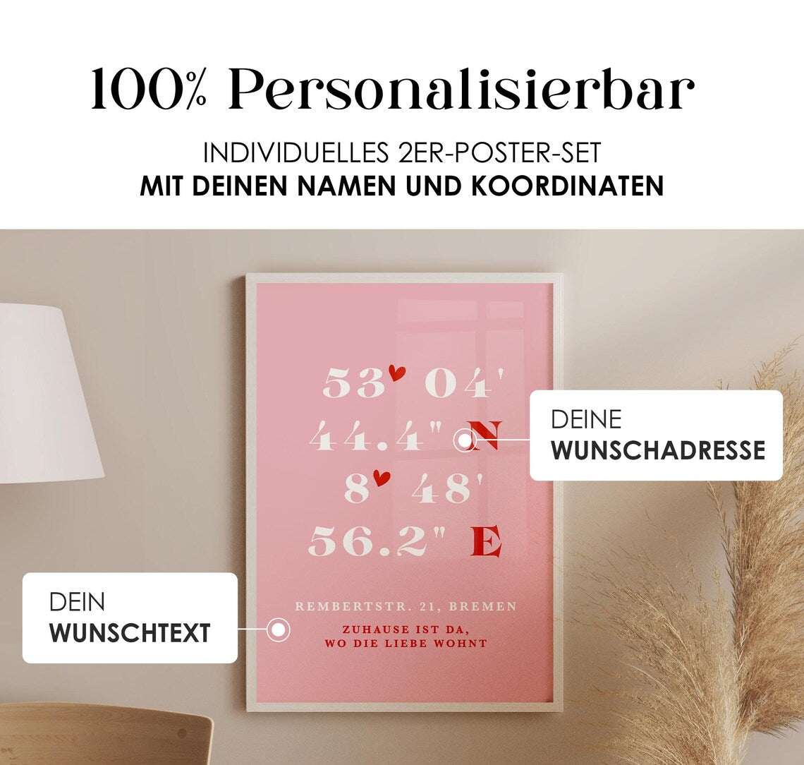 2er Poster Set "Du bist mein Zuhause" - Rosa Jahrestagsgeschenk mit Namen und Koordinaten