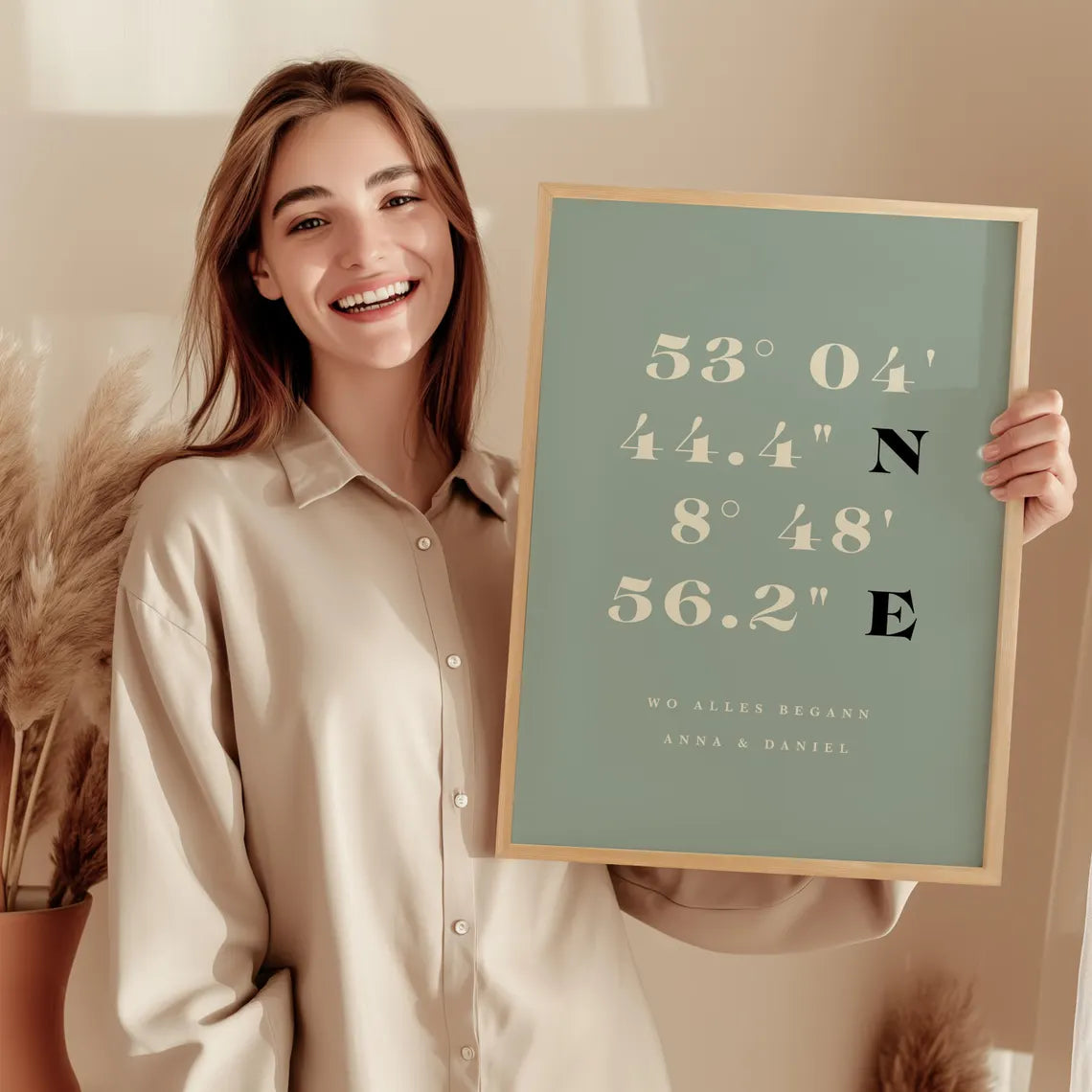Wo alles begann Poster – Personalisiertes Koordinaten Bild in Grün & Beige