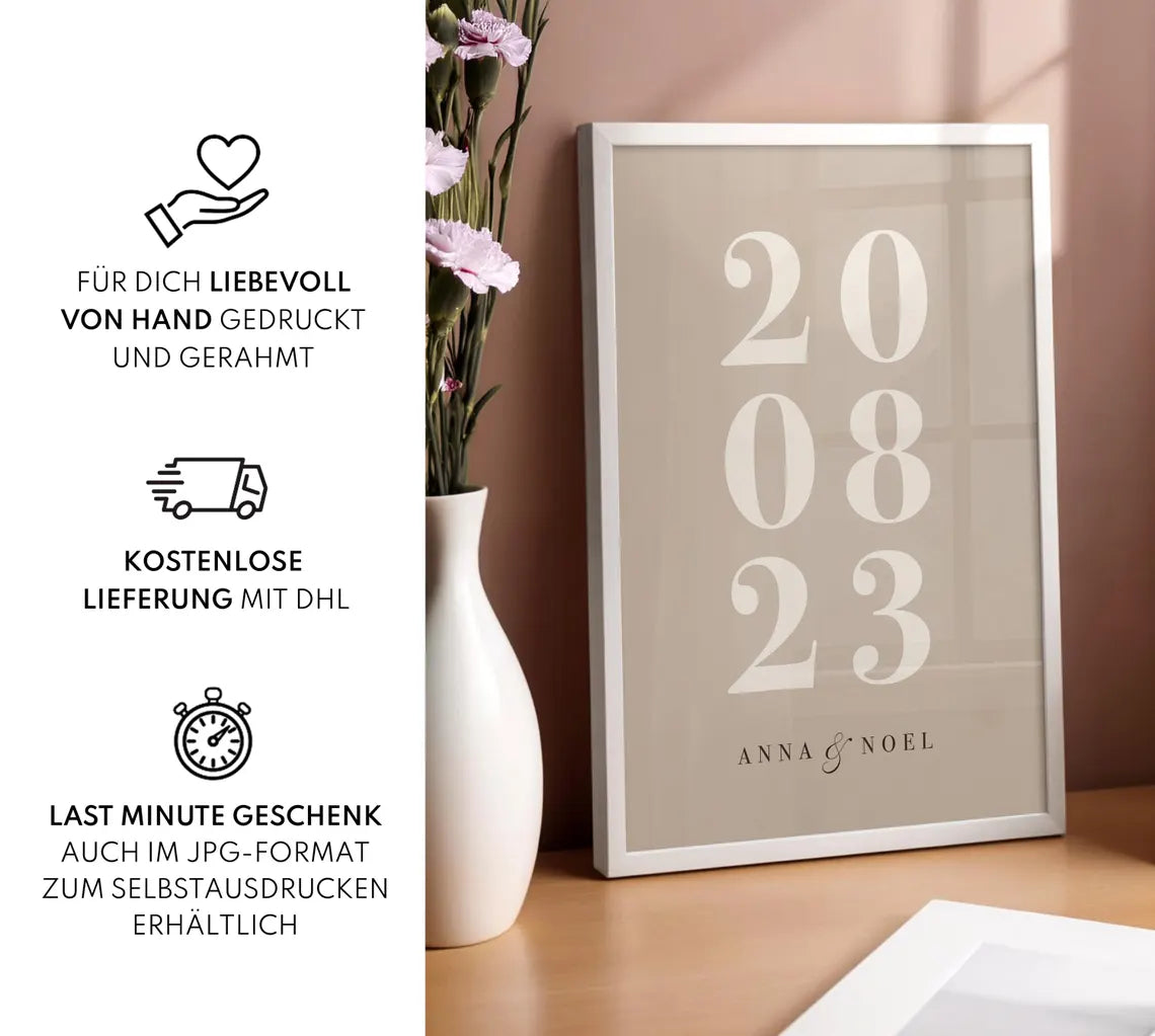 Individuelles Hochzeitsgeschenk – Beige Poster mit Namen & Datum