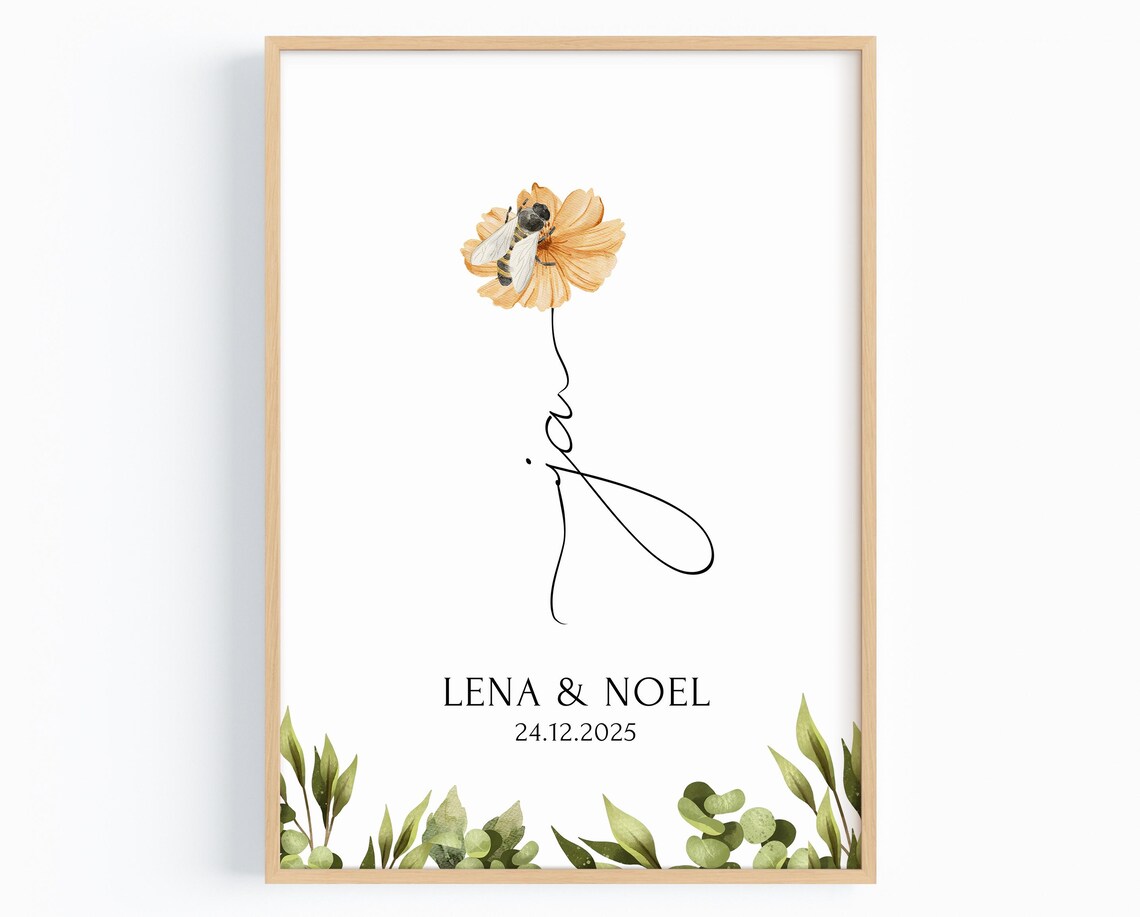 Ja Poster Hochzeit personalisiert mit Namen & Blumen - Geschenk Brautpaar Standesamt