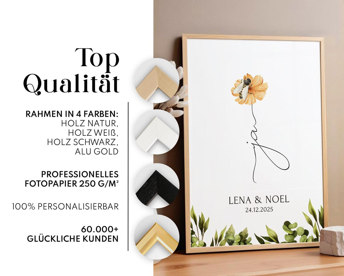 Ja Poster Hochzeit personalisiert mit Namen & Blumen - Geschenk Brautpaar Standesamt