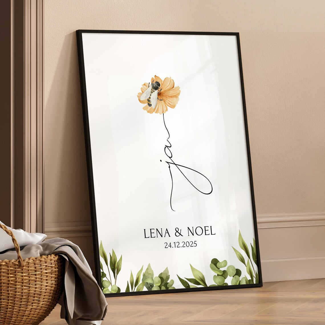 Ja Poster Hochzeit personalisiert mit Namen & Blumen - Geschenk Brautpaar Standesamt