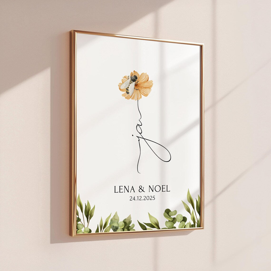 Ja Poster Hochzeit personalisiert mit Namen & Blumen - Geschenk Brautpaar Standesamt