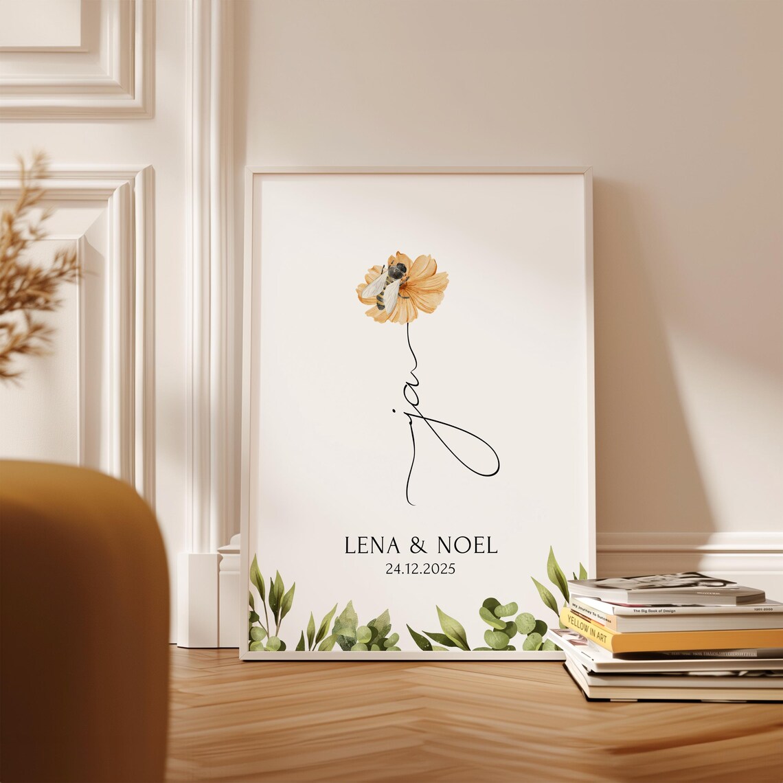 Ja Poster Hochzeit personalisiert mit Namen & Blumen - Geschenk Brautpaar Standesamt