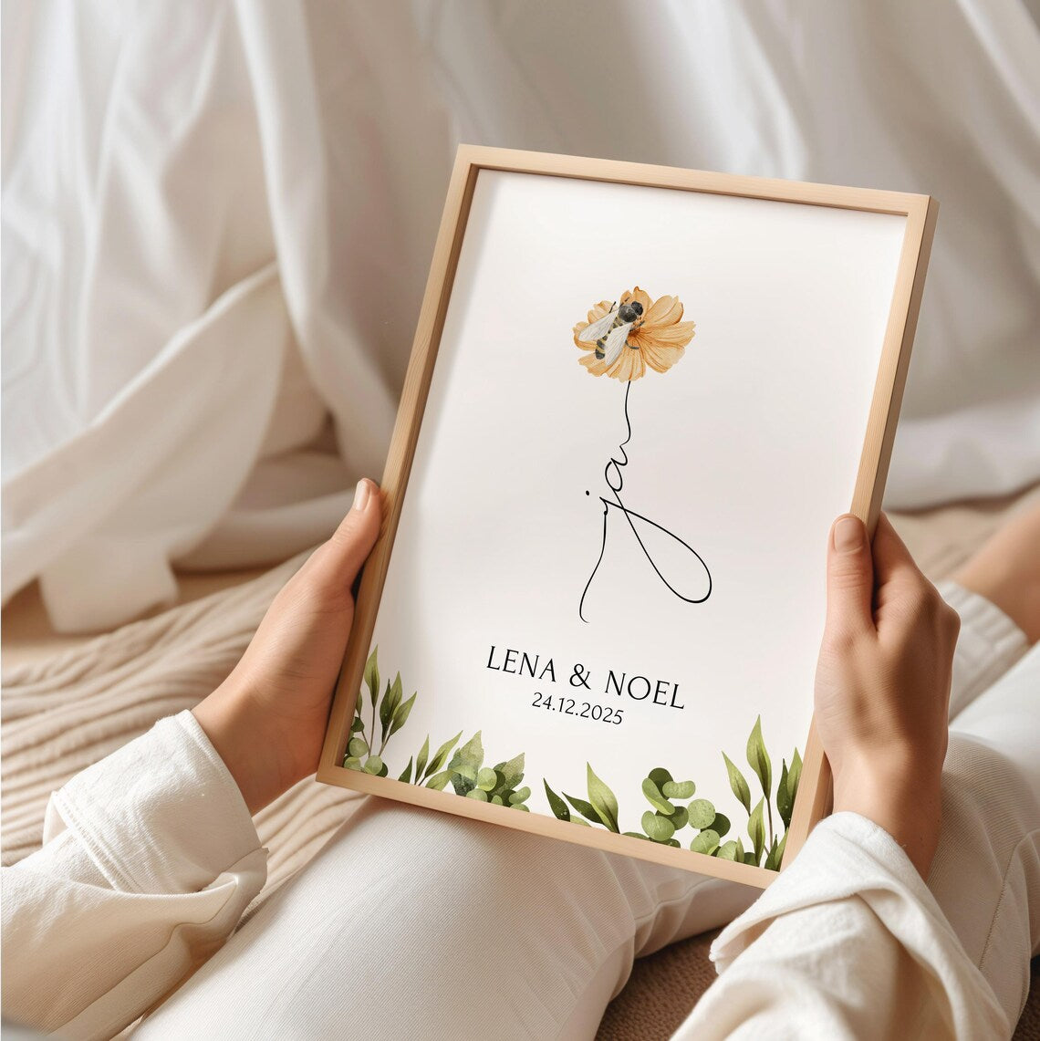Ja Poster Hochzeit personalisiert mit Namen & Blumen - Geschenk Brautpaar Standesamt