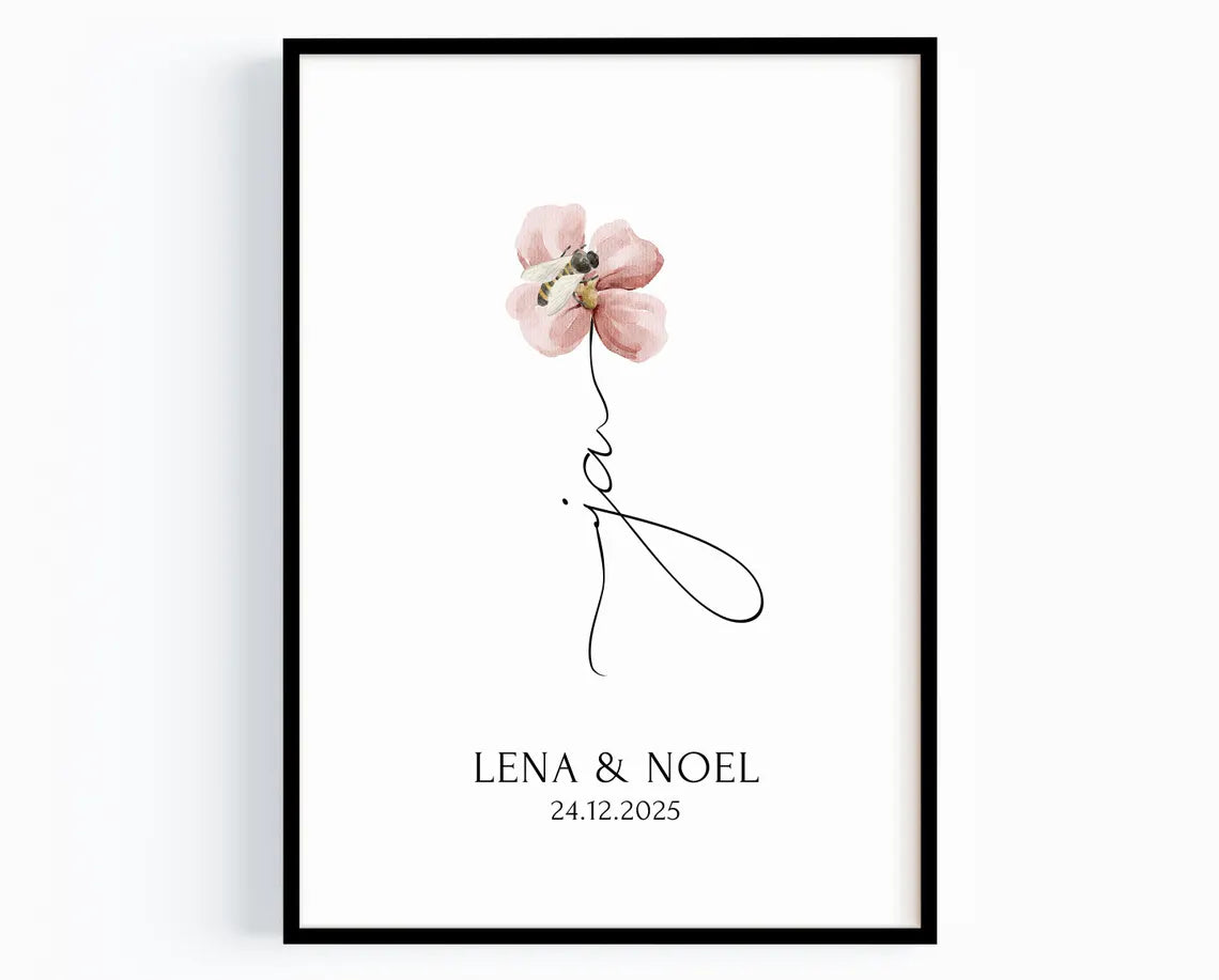 Ja Poster Hochzeit – Geschenk mit Blumen für das Brautpaar