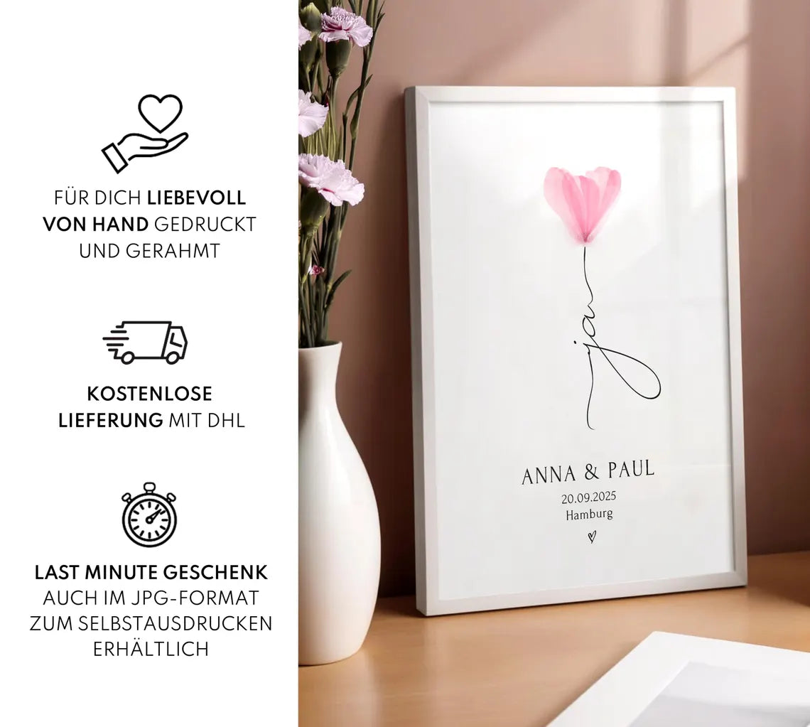 Hochzeit Geschenk Brautpaar personalisiert Ja Poster mit Namen – Verlobungsgeschenk Bilderrahmen