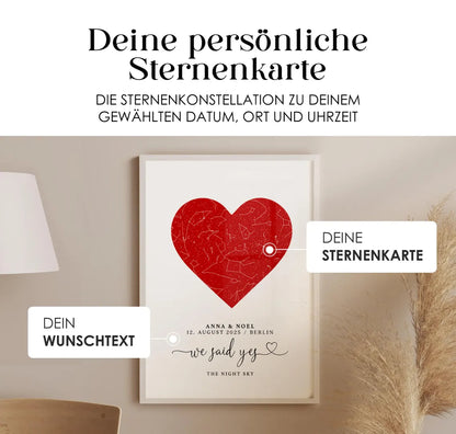 We said yes Poster – Personalisiertes Sternenhimmel Geschenk zur Verlobung oder Hochzeit mit Herz für Brautpaar