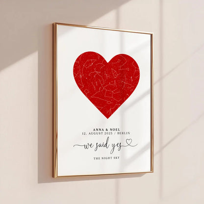 We said yes Poster – Personalisiertes Sternenhimmel Geschenk zur Verlobung oder Hochzeit mit Herz für Brautpaar