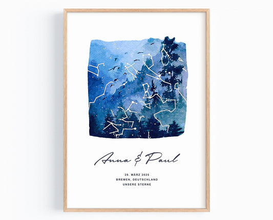Unsere Sterne - Poster -  Personalisierte Sternkarte in Aquarell, Wald