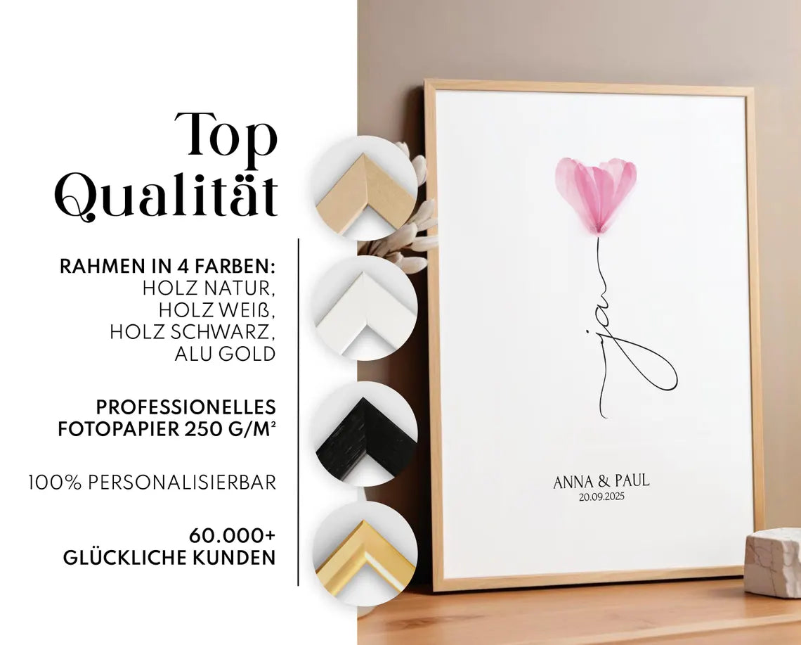 Personalisiertes Ja Poster mit Blume Geschenk Brautpaar Hochzeit