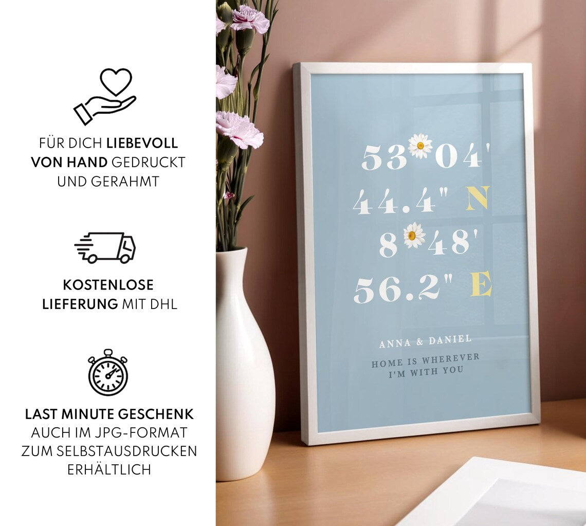 Koordinaten Bild Blau personalisiert – Geschenk für sie oder ihn zum Valentinstag, Jahrestag oder Hochzeitstag