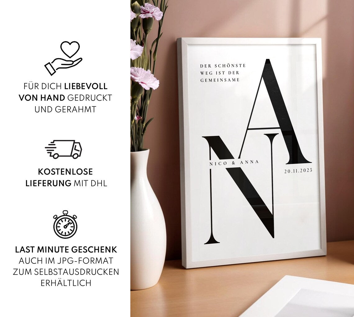 Hochzeitsgeschenk personalisiert Bild mit Namen & Datum für Brautpaar
