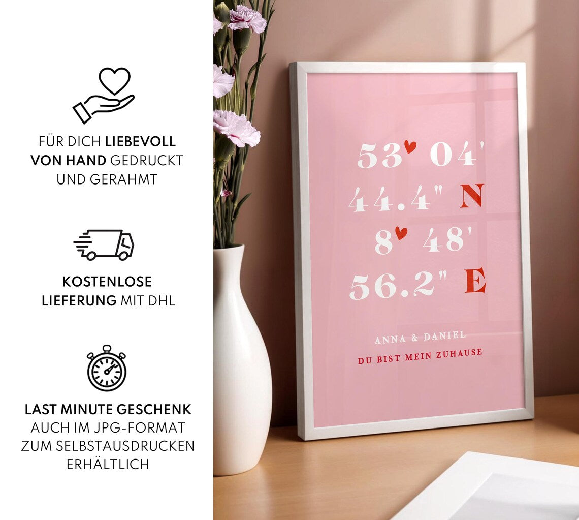 Koordinaten Bild Rosa – Geschenk zum Valentinstag oder Jahrestag