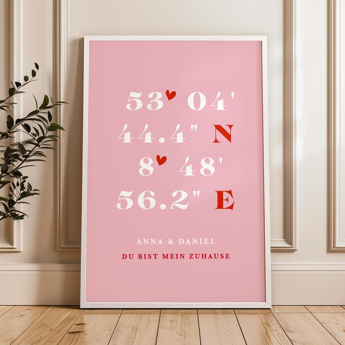 Koordinaten Bild Rosa – Geschenk zum Valentinstag oder Jahrestag