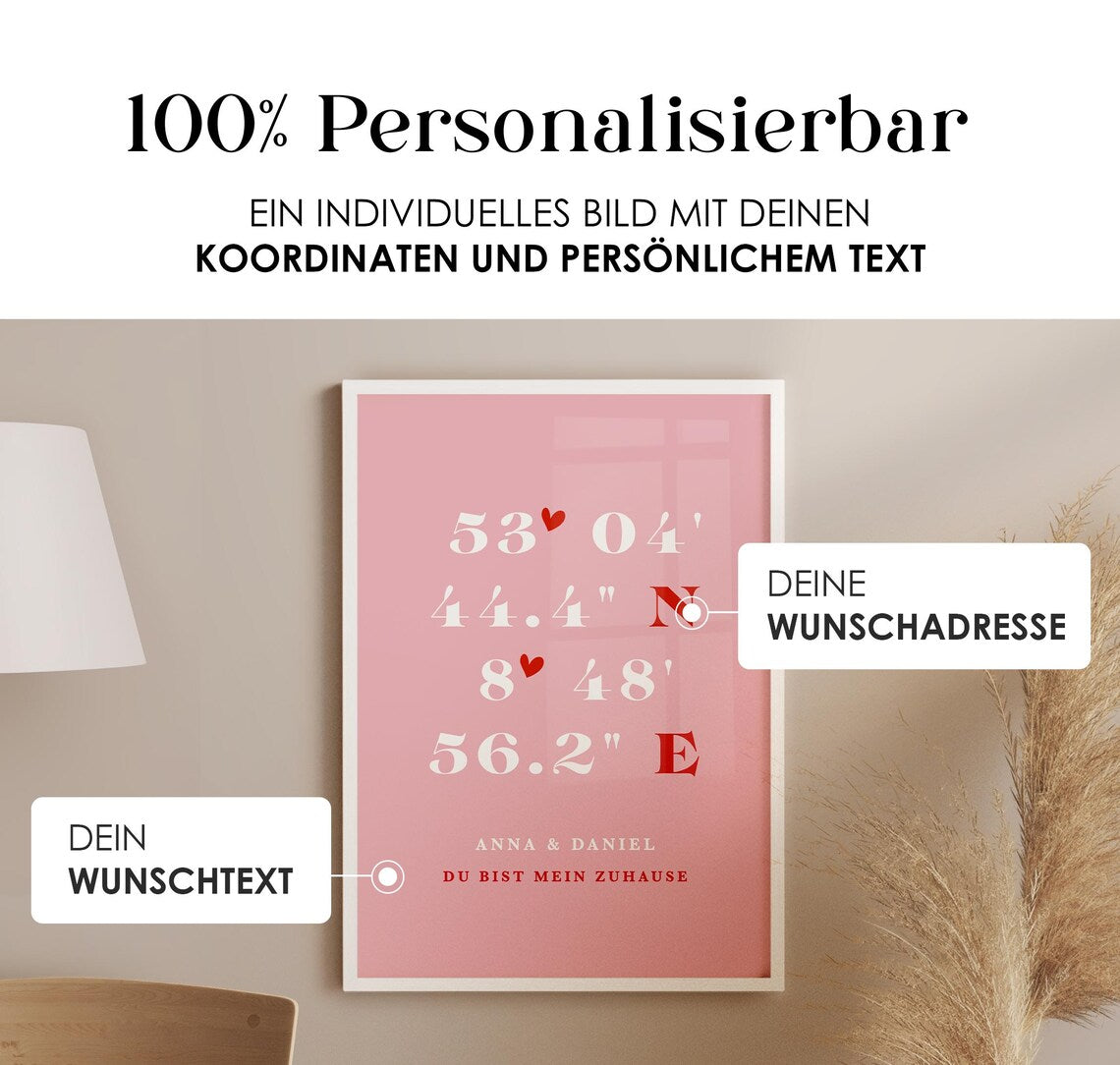 Koordinaten Bild Rosa – Geschenk zum Valentinstag oder Jahrestag