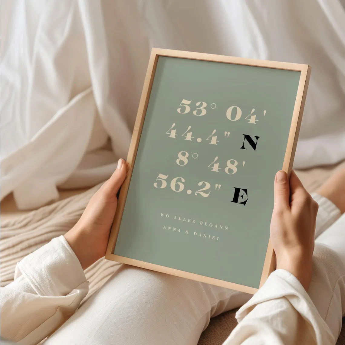 Wo alles begann Poster – Personalisiertes Koordinaten Bild in Grün & Beige