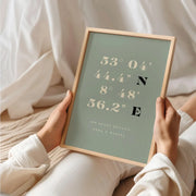 Wo alles begann Poster – Personalisiertes Koordinaten Bild in Grün & Beige