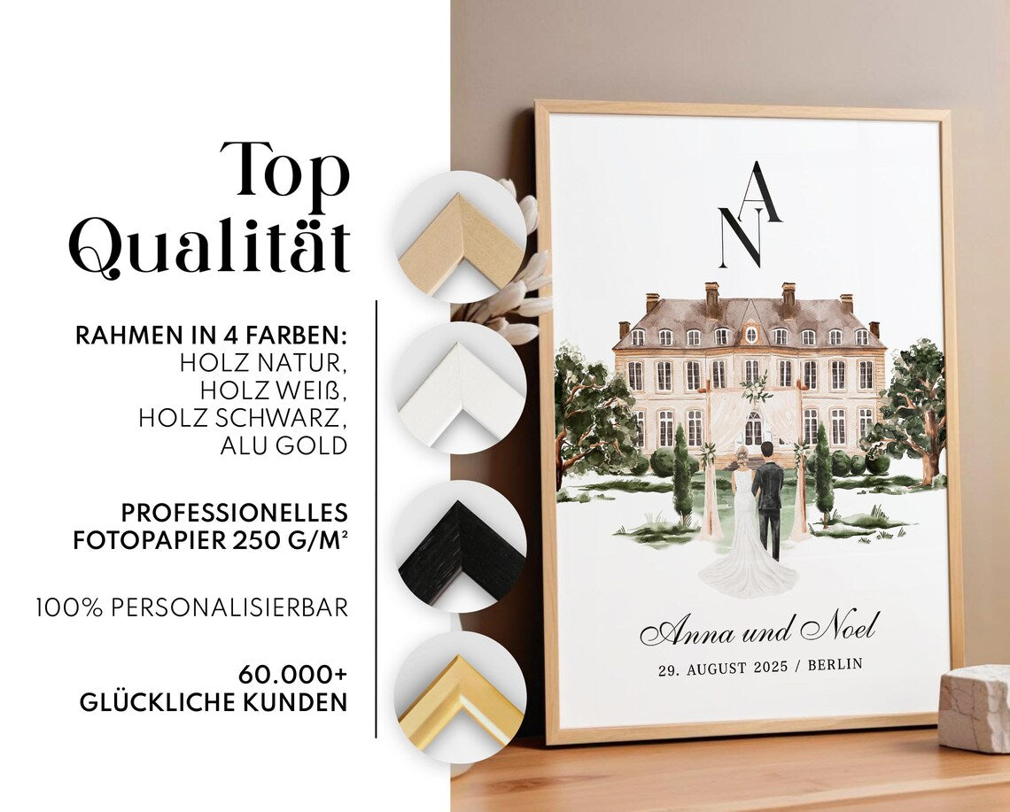 Personalisiertes Hochzeitsgeschenk – Illustriertes Poster von Braut und Bräutigam von hinten, Hochzeit Geschenk