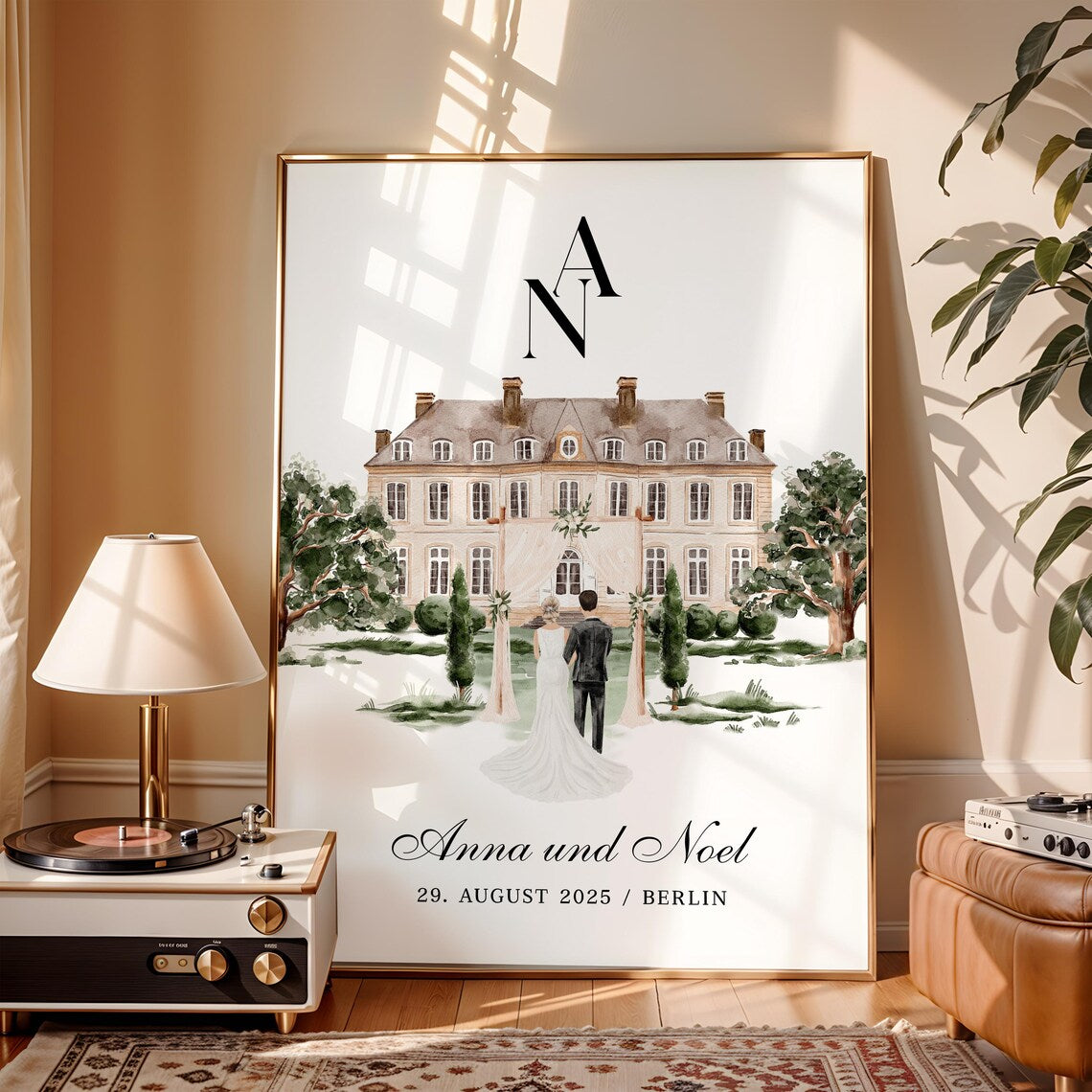Personalisiertes Hochzeitsgeschenk – Illustriertes Poster von Braut und Bräutigam von hinten, Hochzeit Geschenk
