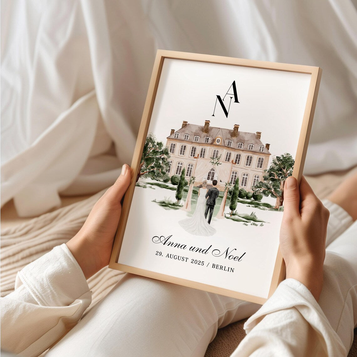 Personalisiertes Hochzeitsgeschenk – Illustriertes Poster von Braut und Bräutigam von hinten, Hochzeit Geschenk