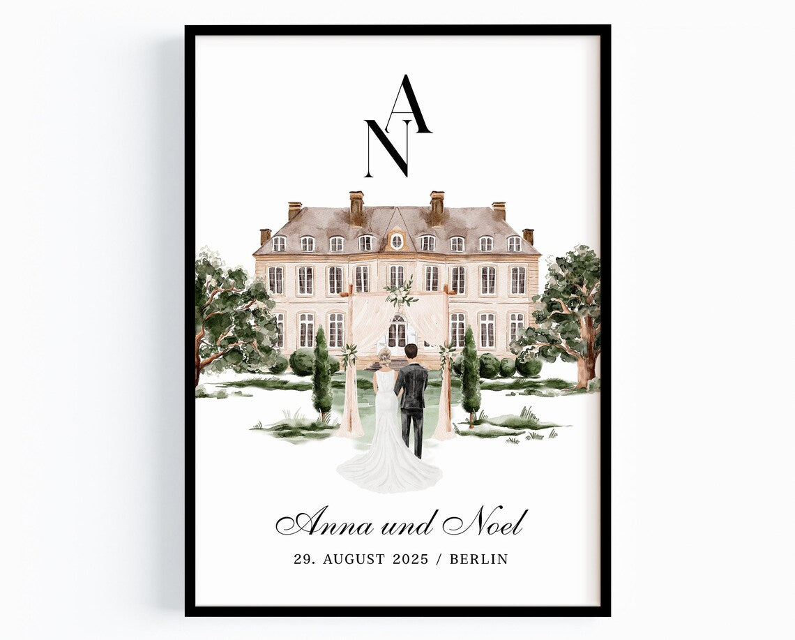 Personalisiertes Hochzeitsgeschenk – Illustriertes Poster von Braut und Bräutigam von hinten, Hochzeit Geschenk