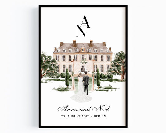 Personalisiertes Hochzeitsgeschenk – Illustriertes Poster von Braut und Bräutigam von hinten, Hochzeit Geschenk