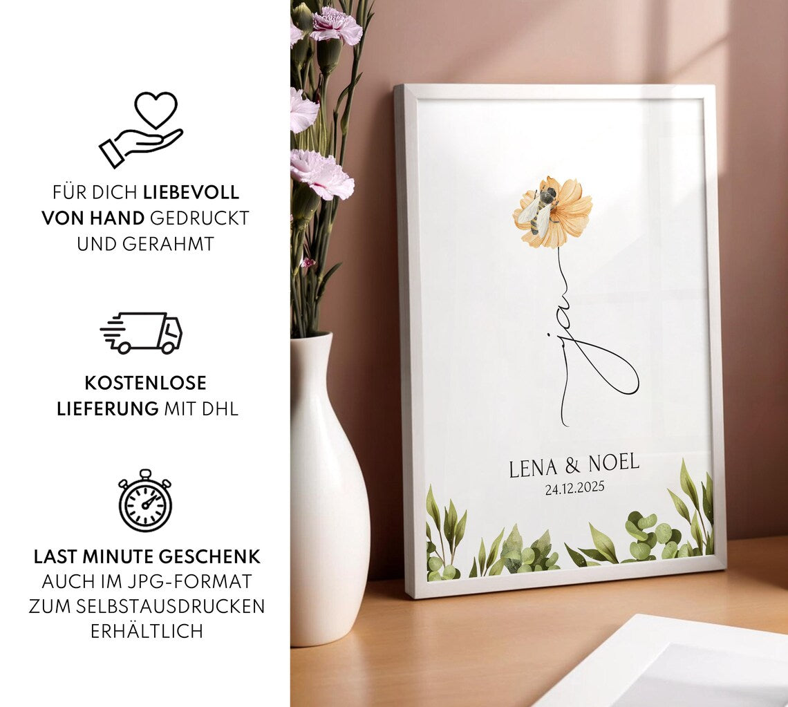 Ja Poster Hochzeit personalisiert mit Namen & Blumen - Geschenk Brautpaar Standesamt