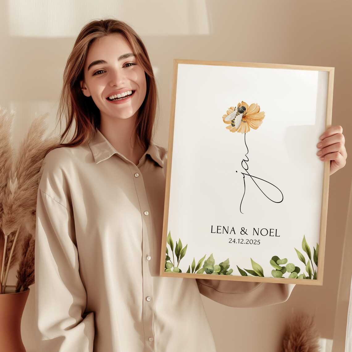 Ja Poster Hochzeit personalisiert mit Namen & Blumen - Geschenk Brautpaar Standesamt