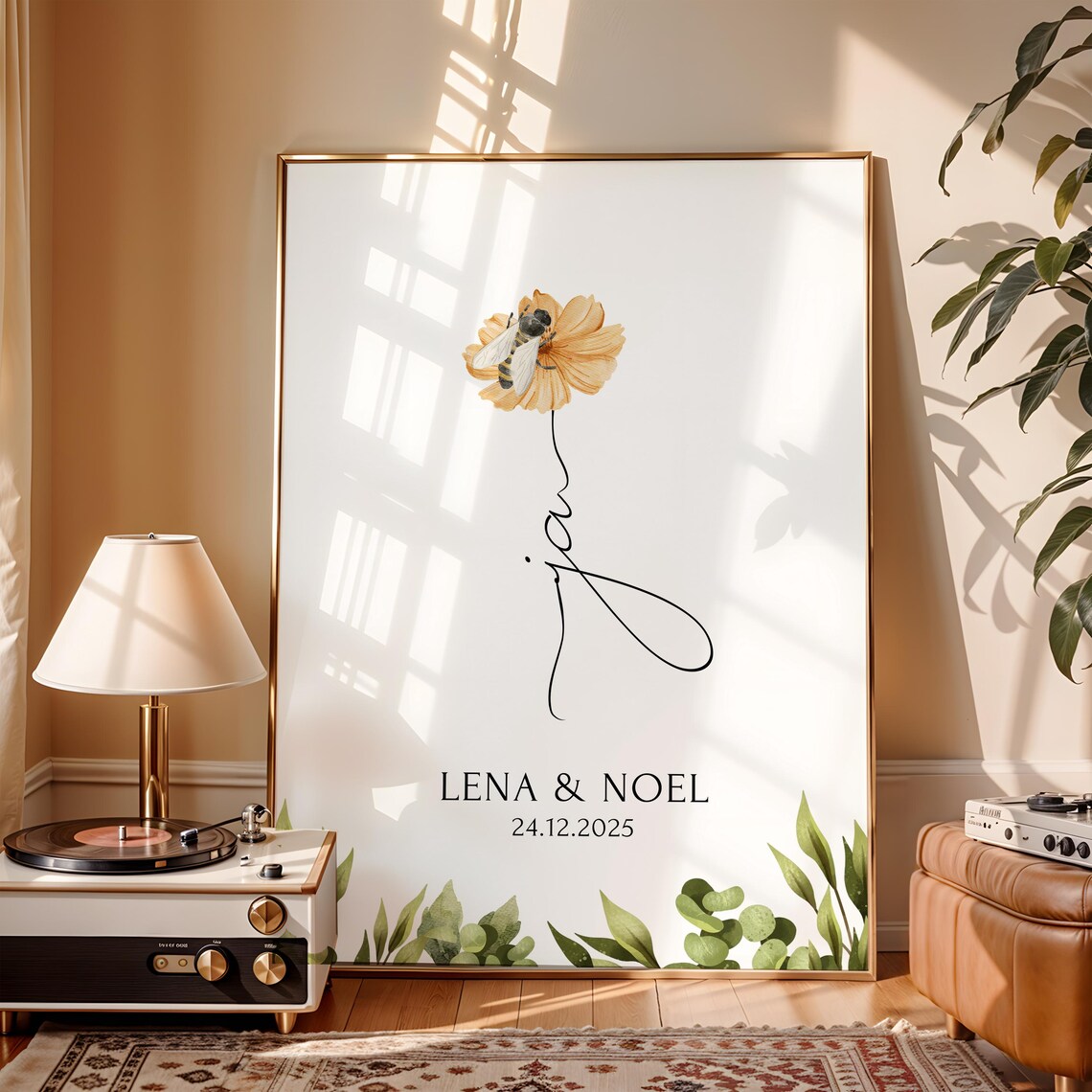 Ja Poster Hochzeit personalisiert mit Namen & Blumen - Geschenk Brautpaar Standesamt