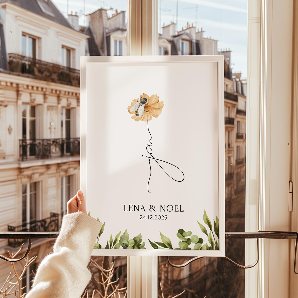 Ja Poster Hochzeit personalisiert mit Namen & Blumen - Geschenk Brautpaar Standesamt