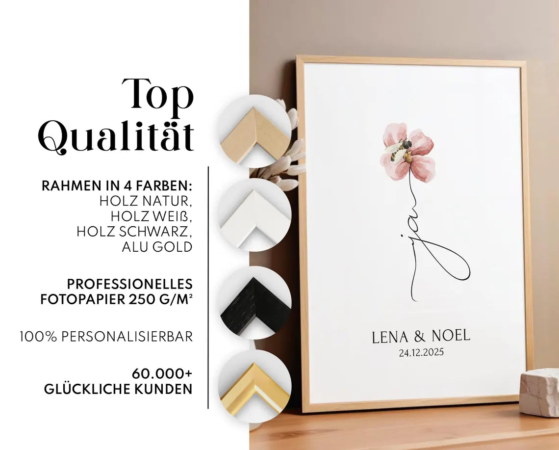 Ja Poster Hochzeit – Geschenk mit Blumen für das Brautpaar